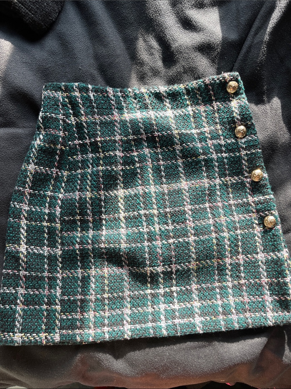 Plaid Green Tweed Mini Skirt with Button Detail